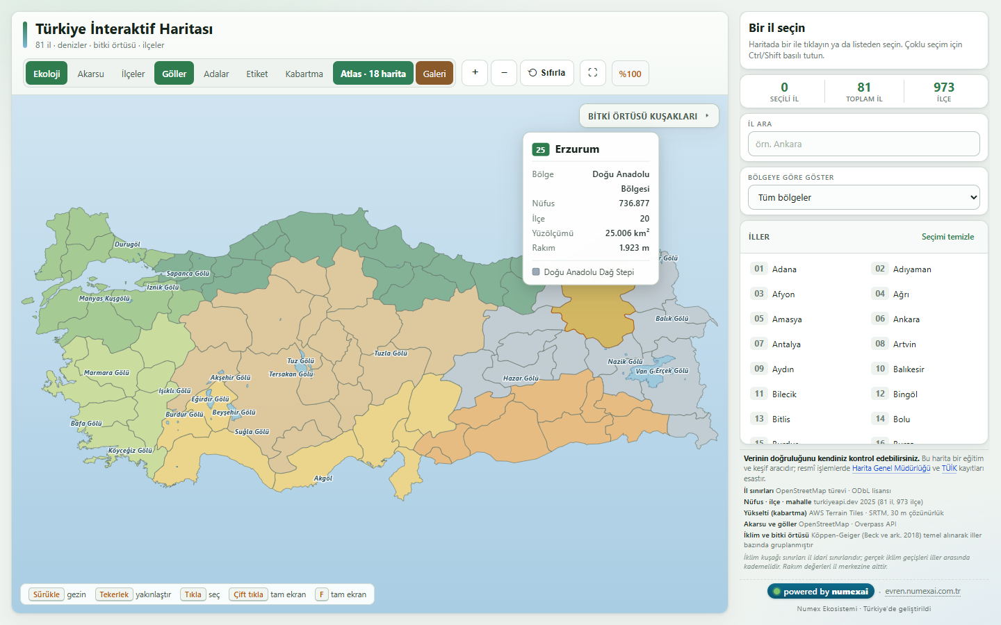 Atlas göller harita türü seçiliyken Türkiye haritasında göllerin ve barajların gösterimi