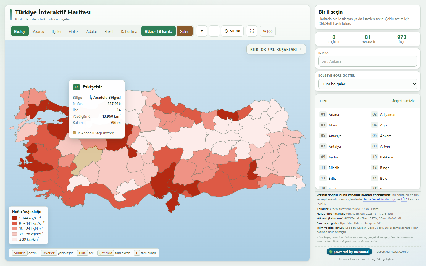 Yükselti haritası ve Eskişehir il bilgi kartı: plaka, bölge, nüfus, ilçe sayısı, yüzölçümü, rakım ve bitki örtüsü kuşağı